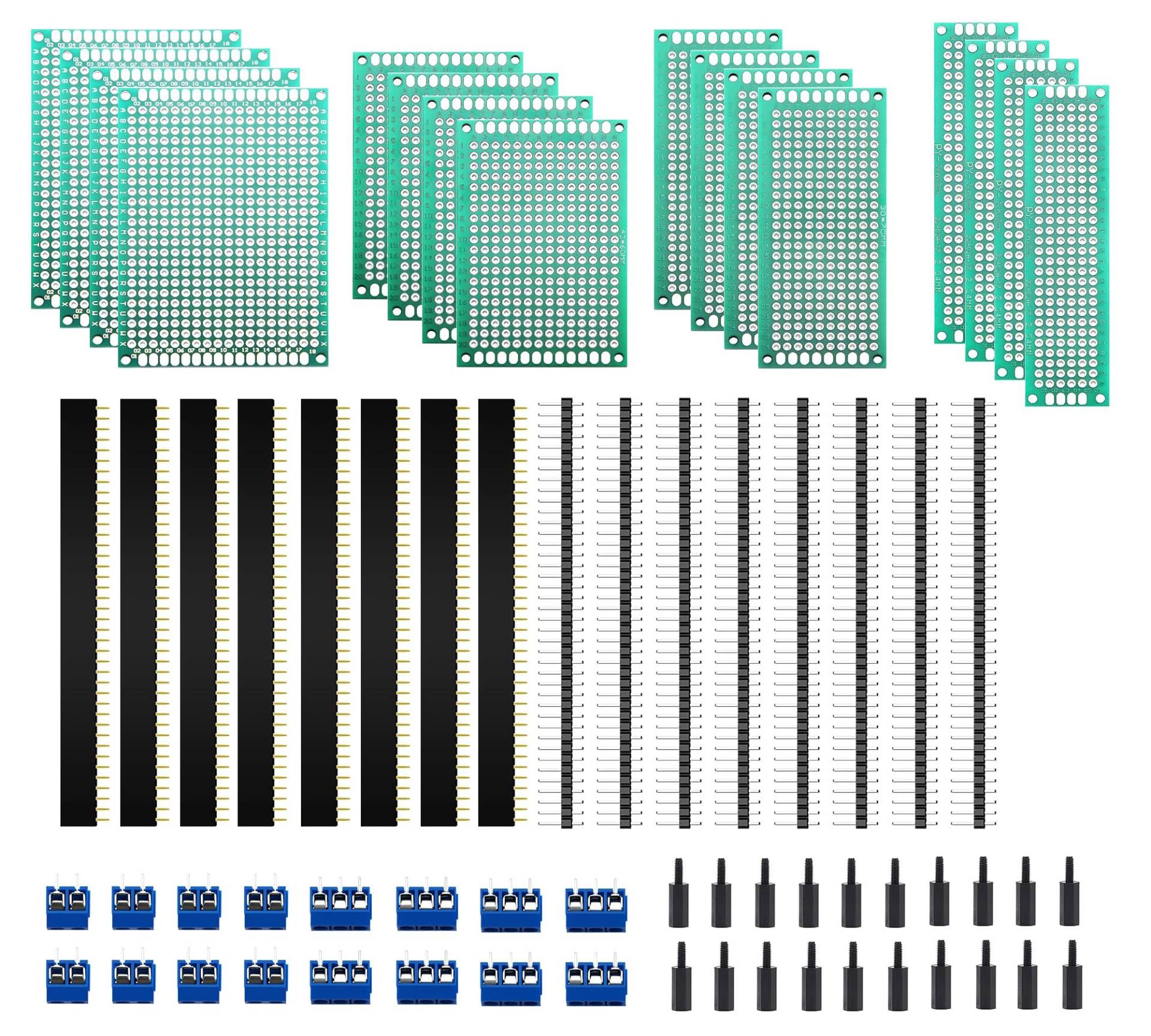 HUAZIZ 68 Stück PCB Board Kits, 16 Stück Doppelseitige Leiterplatten Prototypkarten, 16 Stück männlich weiblich 40 Pin Kopfleiste, 16 Stück 2P/3P Screw Terminal, 20 Stück Nylonsäule HUAZIZ 68 Stück PCB Board Kits, 16 Stück Doppelseitige Leiterplatten Prototypkarten, 16 Stück männlich weiblich 40 Pin Kopfleiste, 16 Stück 2P/3P Screw Terminal, 20 Stück Nylonsäule von HUAZIZ