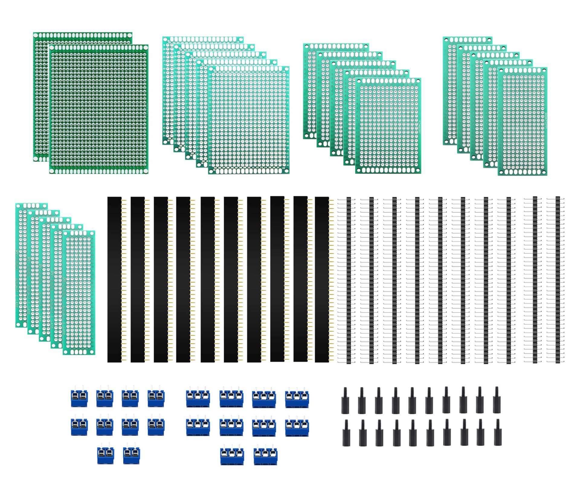 HUAZIZ 82 Stück PCB Board Kits, 22 Stück Doppelseitige Leiterplatten Prototypkarten, 20 Stück männlich weiblich 40 Pin Kopfleiste, 20 Stück 2P/3P Screw Terminal, 20 Stück Nylonsäule HUAZIZ 82 Stück PCB Board Kits, 22 Stück Doppelseitige Leiterplatten Prototypkarten, 20 Stück männlich weiblich 40 Pin Kopfleiste, 20 Stück 2P/3P Screw Terminal, 20 Stück Nylonsäule von HUAZIZ