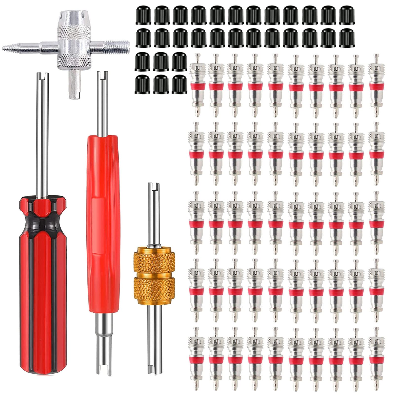 HUAZIZ 84 Stück Ventil Reparatur-Werkzeuge mit Doppel und Einzelkopf Ventilkern Entferner 4 Wege Ventil Werkzeug Reifenventilkappen Ventilkern Reifenventil Kern Werkzeug Set von HUAZIZ