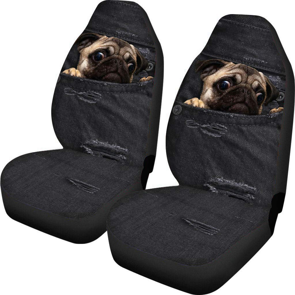 HUGS IDEA Anti-schmutzige volle Fahrzeug-Sitzbezüge von 2, Denim-Tasche Hund Mops Auto Innenraum Sitzbezüge schwarz von HUGS IDEA