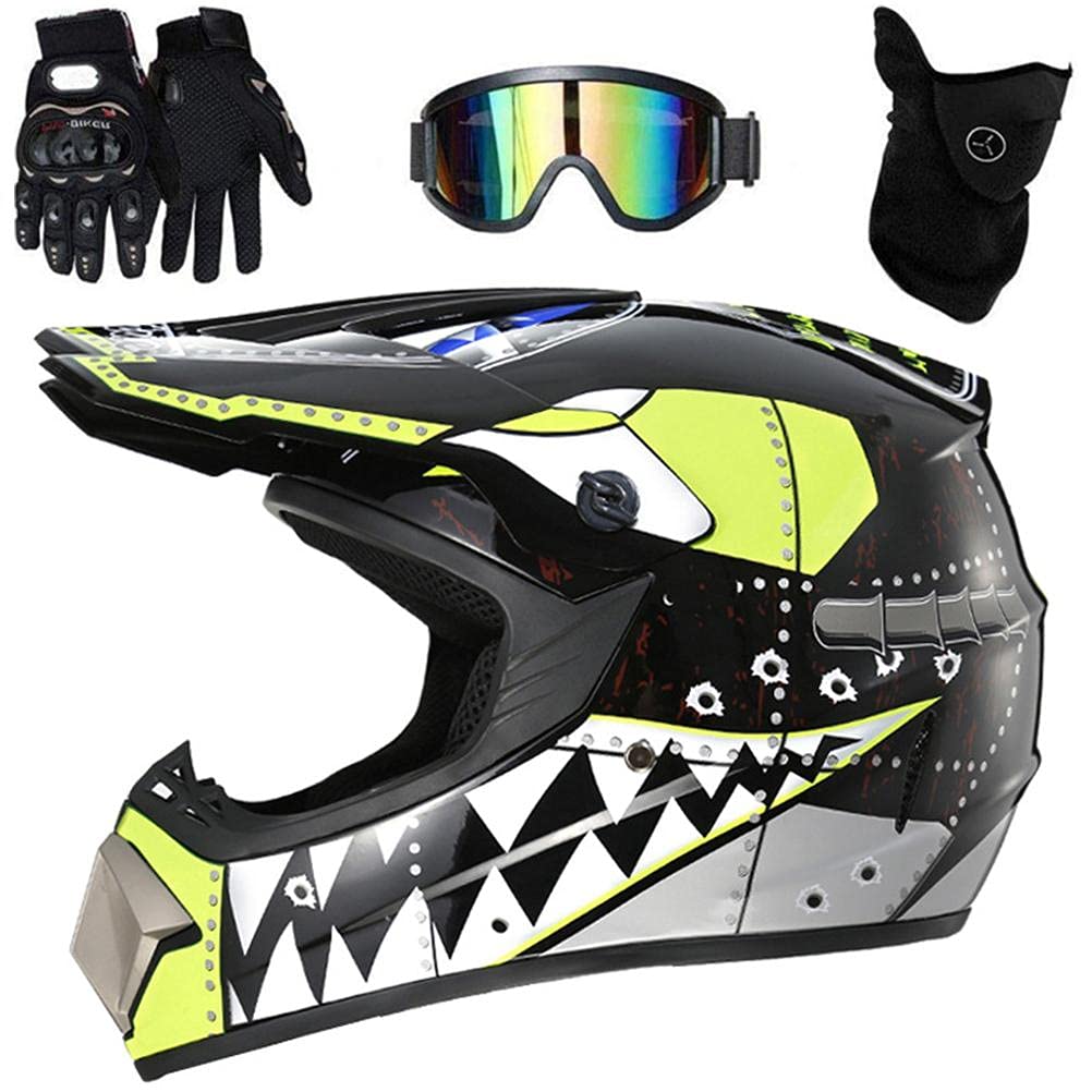 HUSHUI Motocross-Helm, MTB-Motorradhelm mit vollem Gesicht Offroad-Dirtbike-Motorrad- / Mountainbike-Helm mit Schutzbrille Handschuhe Gesichtsschutz für Erwachsene von HUSHUI
