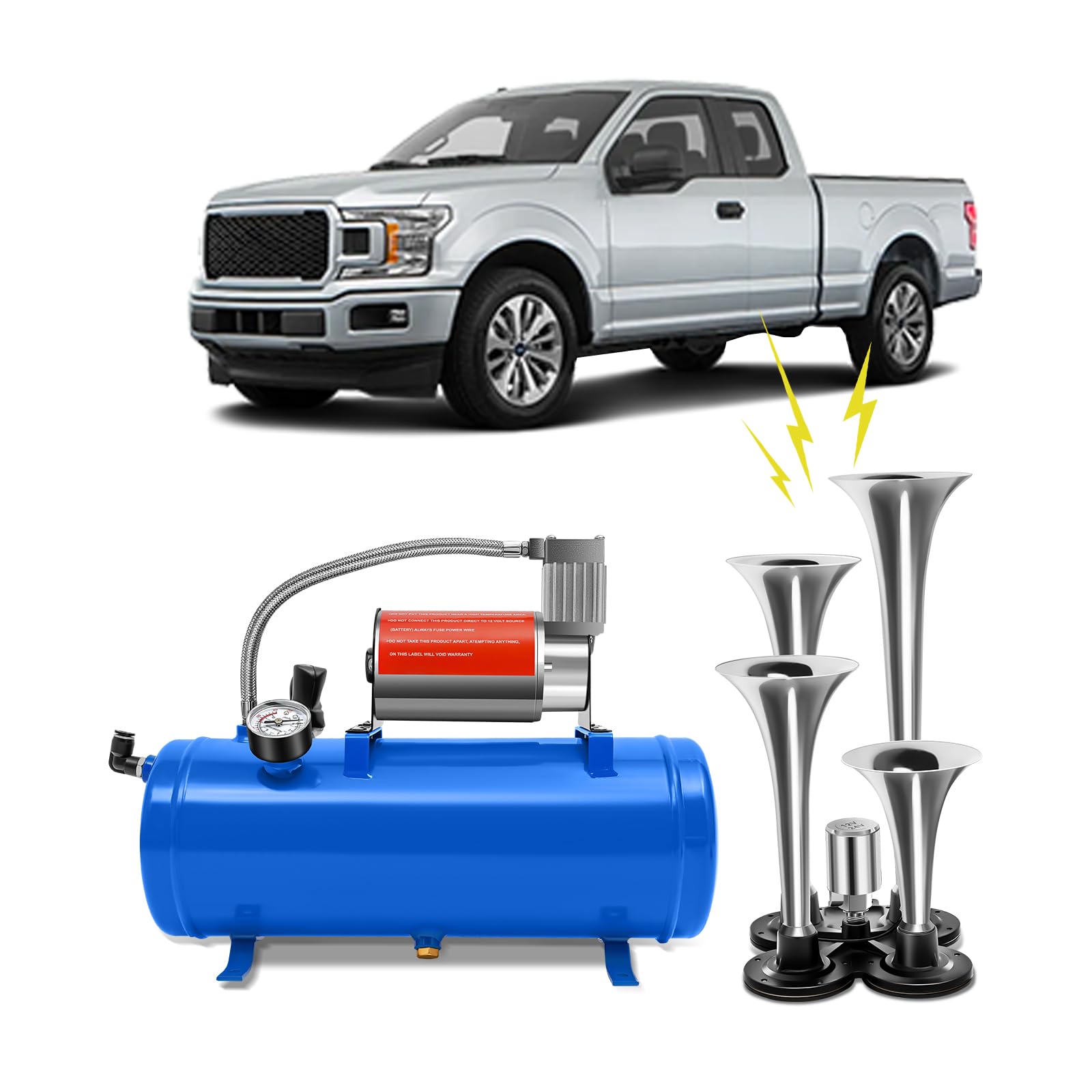 Zughupen-Set, 12V 4 Trumpet Train Luft Horn Kit Und 150PSI Luft Kompressor 150dB mit 6L Tank mit Manometer, für jedes 12 V Fahrzeug, Auto, LKW, Zug, Van, Boot usw von HUSPOO