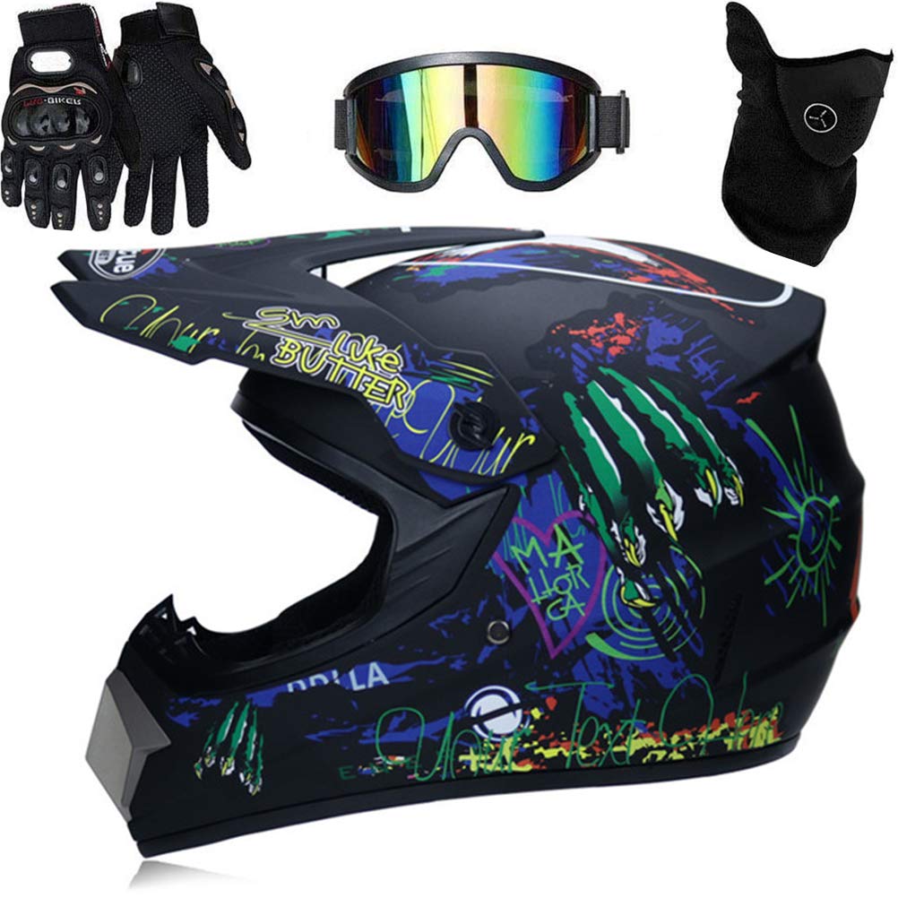 HWGING Professionelle Motocross Helm für Kinder Erwachsene Motocross Off Road Motorrad Helm Fullface Helm mit Goggles Handschuhe Gesichtsabdeckung (L) von HWGING