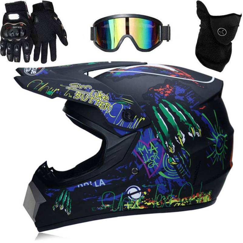 HWGING Professionelle Motocross Helm für Kinder Erwachsene Motocross Off Road Motorrad Helm Fullface Helm mit Goggles Handschuhe Gesichtsabdeckung (L) von HWGING
