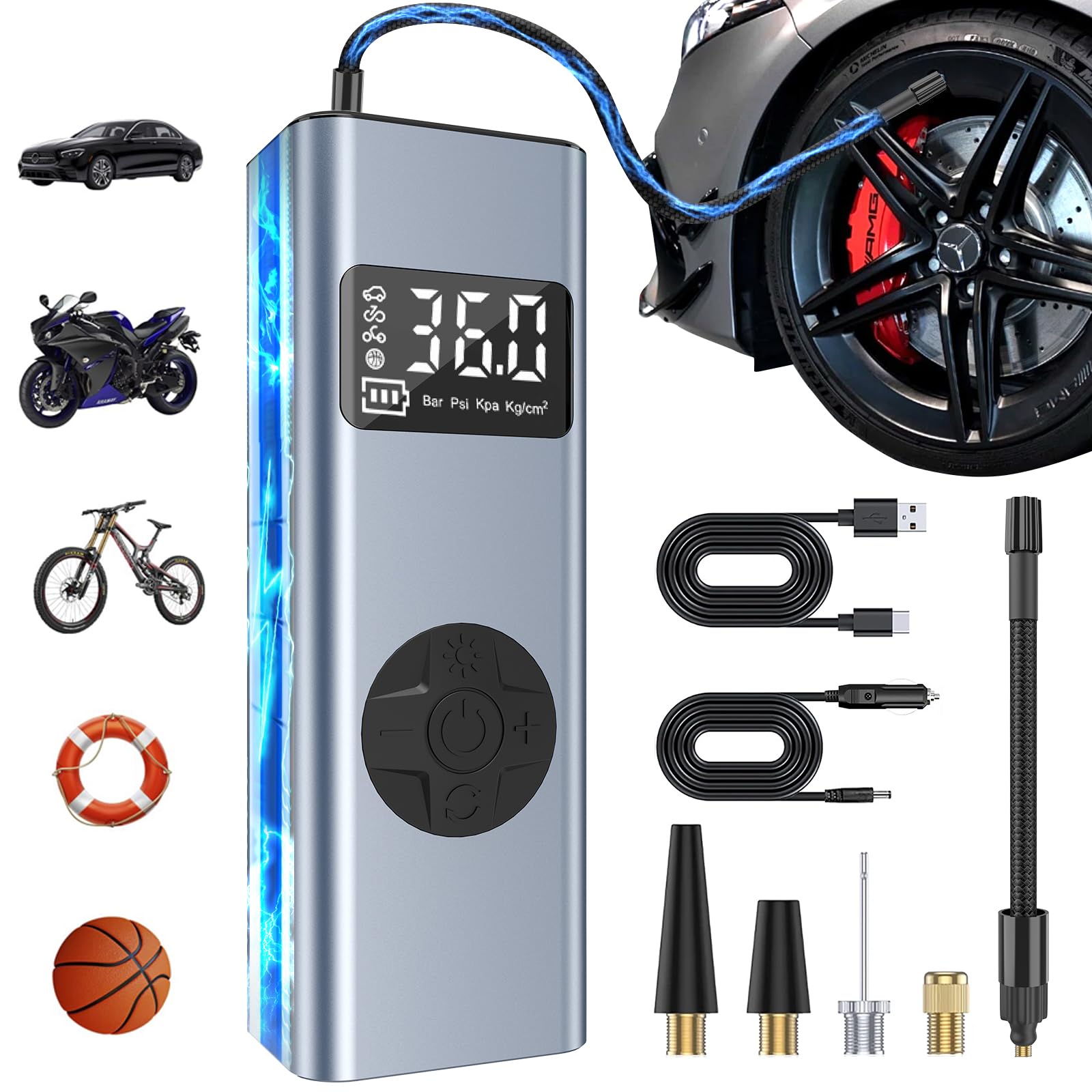 Elektrische Luftpumpe Auto HYCHIKA 12V 6000mAh, 150PSI Mini Akku Pumpe Fahrrad Kompressor mit LED-Licht für Auto Fahrrad Motorrad Bälle, AutoOff und Powerbank von HYCHIKA BETTER TOOLS FOR BETTER LIFE