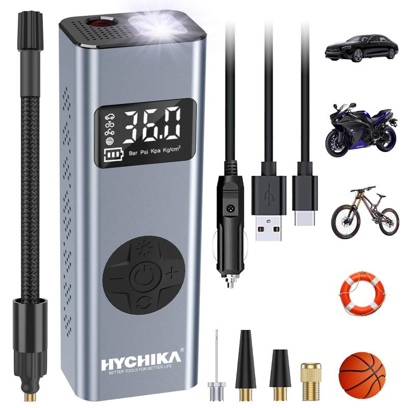 Elektrische Luftpumpe Auto HYCHIKA 12V 6000mAh, 150PSI Mini Akku Pumpe Fahrrad Kompressor mit LED-Licht für Auto Fahrrad Motorrad Bälle, AutoOff und Powerbank von HYCHIKA BETTER TOOLS FOR BETTER LIFE