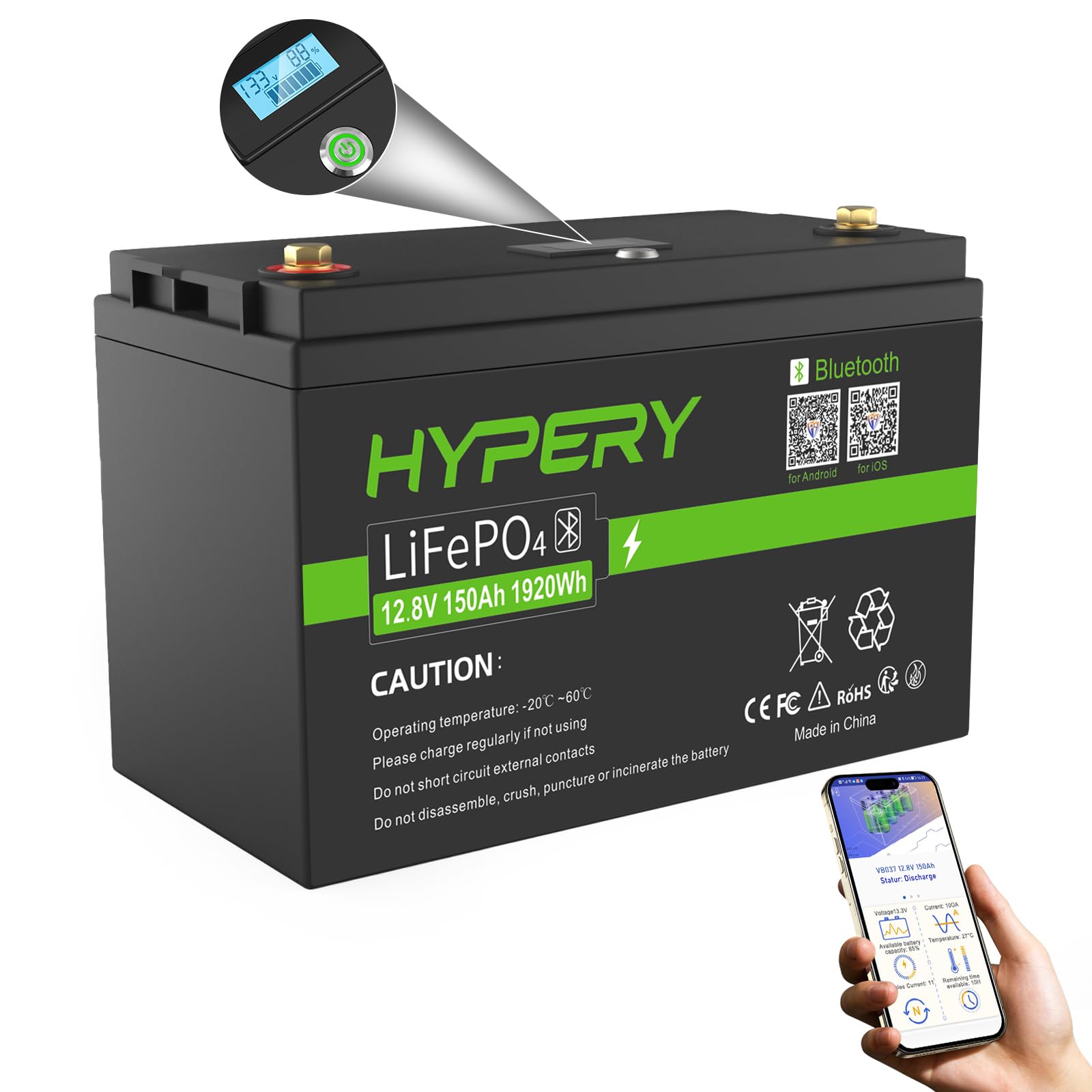 Smart LiFePO4 Akku, Lithium Batterie mit Bluetooth zur Überwachung der Batterie SOC Daten, LED Anzeige, BMS, für Backup Strom, Camping, Wohnmobil, Golfwagen, Boot, Off-Grid (Smart 12V 150AH Bluetooth) von HYPERY