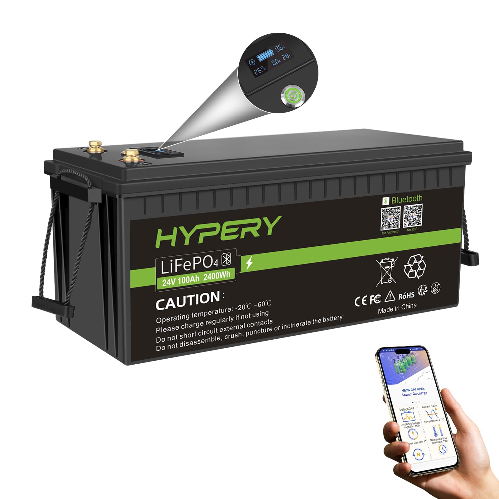Smart LiFePO4 Akku, 24V 100AH Lithium Batterie mit Bluetooth zur Überwachung der Batterie SOC Daten, LED Anzeige, BMS, für Backup Strom, Camping, Wohnmobil, Golfwagen, Boot, Off-Grid von HYPERY