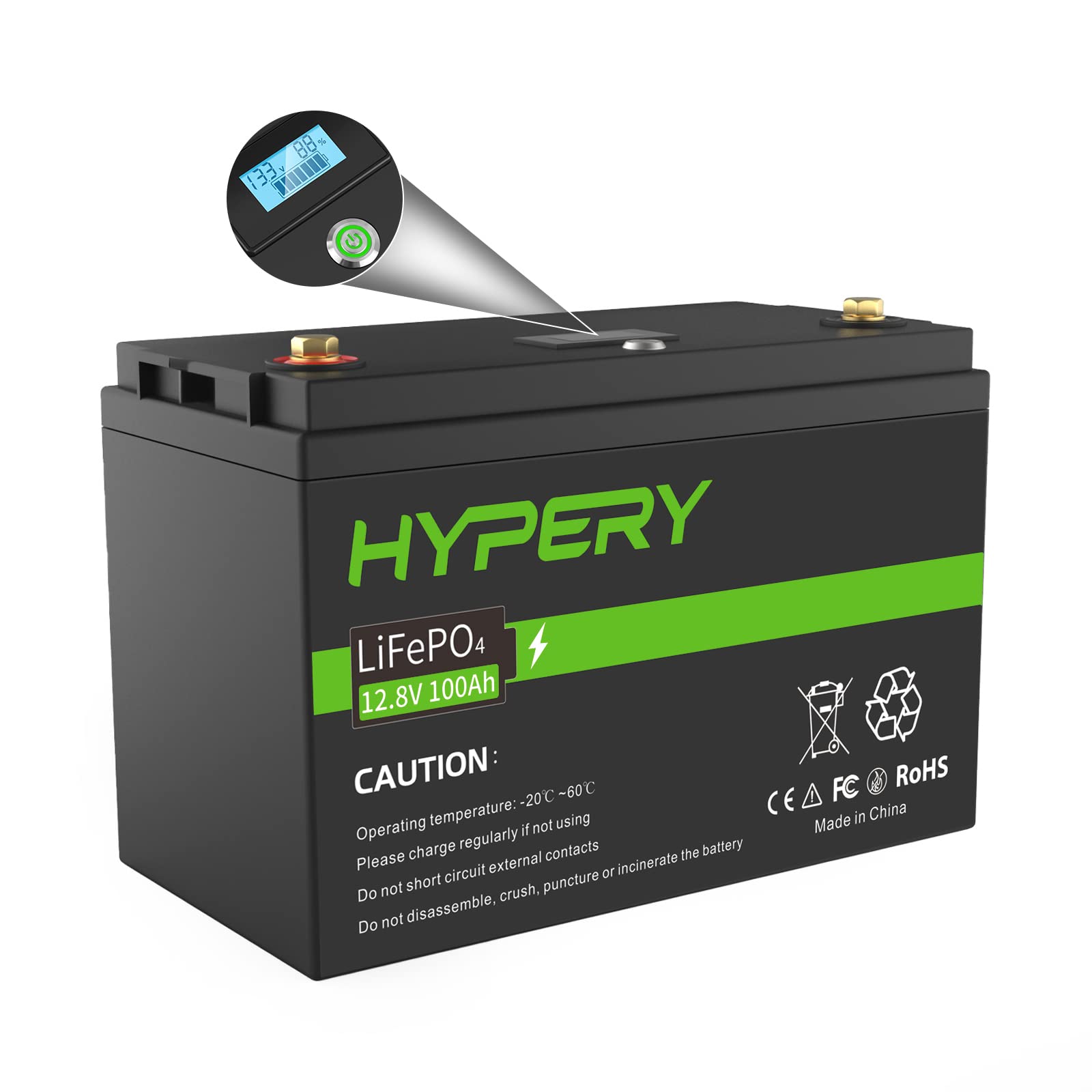 Smart LiFePO4 Akku, 12V 100AH Lithium Batterie mit LED Anzeige, BMS, für Backup Strom, Camping, Wohnmobil, Golfwagen, Boot, Off-Grid von HYPERY