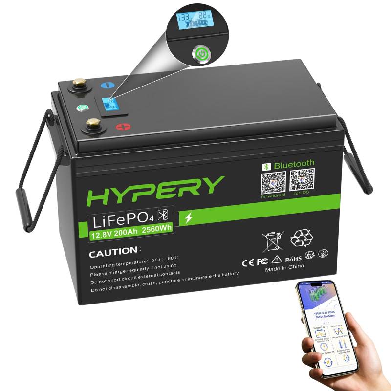 Smart LiFePO4 Akku, 12V 200AH Lithium Batterie mit Bluetooth zur Überwachung der Batterie SOC Daten, LED Anzeige, BMS, für Backup Strom, Camping, Wohnmobil, Golfwagen, Boot, Off-Grid von HYPERY