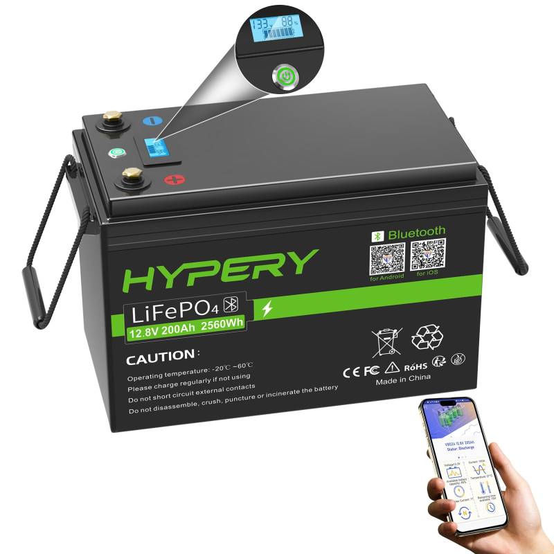 Smart 12V 200Ah LiFePO4 Batterie mit Bluetooth, LED-Display, Startschalter und BMS, perfekte Lithium Batterie für Wohnmobile, Golfwagen, Boote und Energiespeicher zu Hause von HYPERY