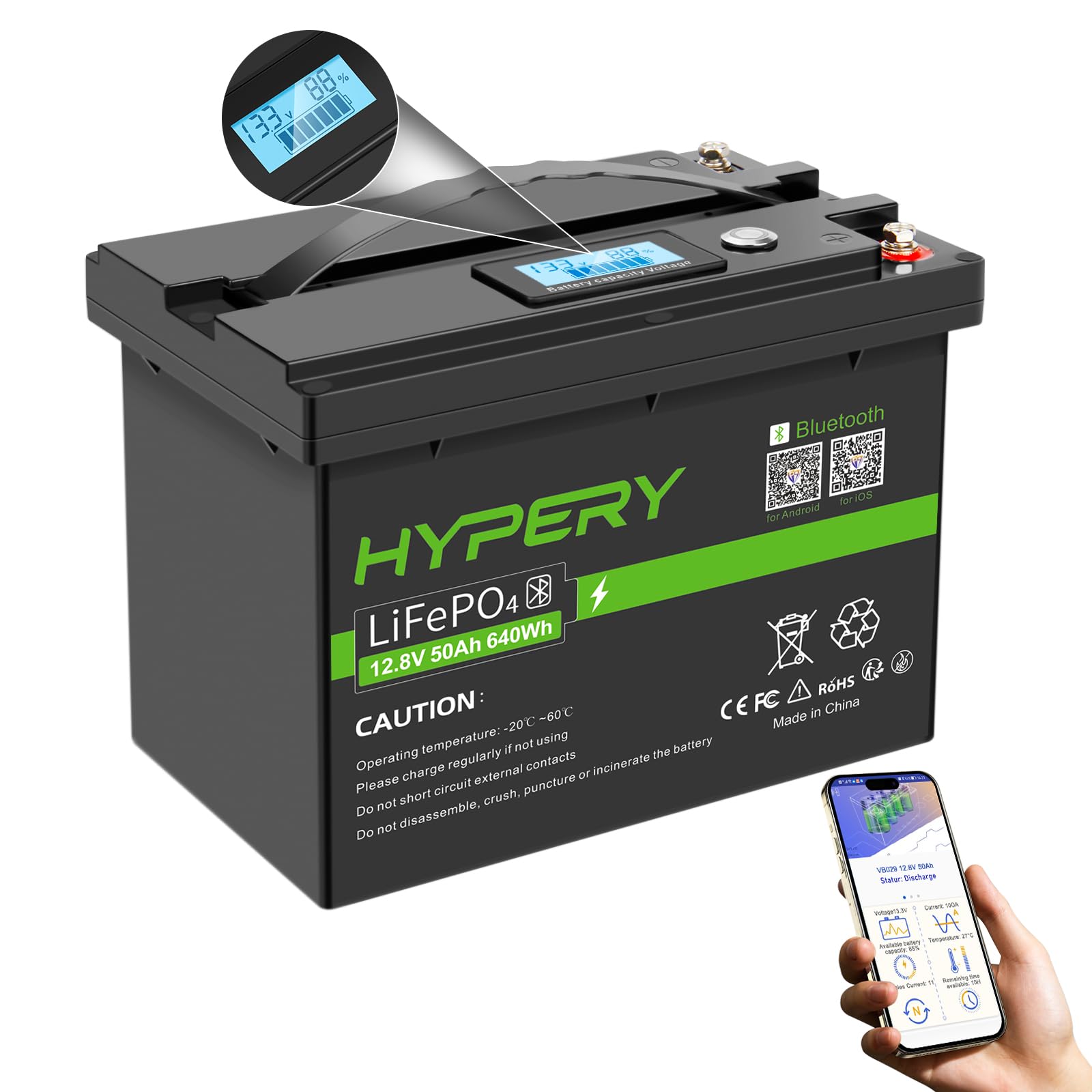 Smart LiFePO4 Akku, 12V 50AH Lithium Batterie mit Bluetooth zur Überwachung der Batterie SOC Daten, LED Anzeige, BMS, für Backup Strom, Camping, Wohnmobil, Golfwagen, Boot, Off-Grid von HYPERY