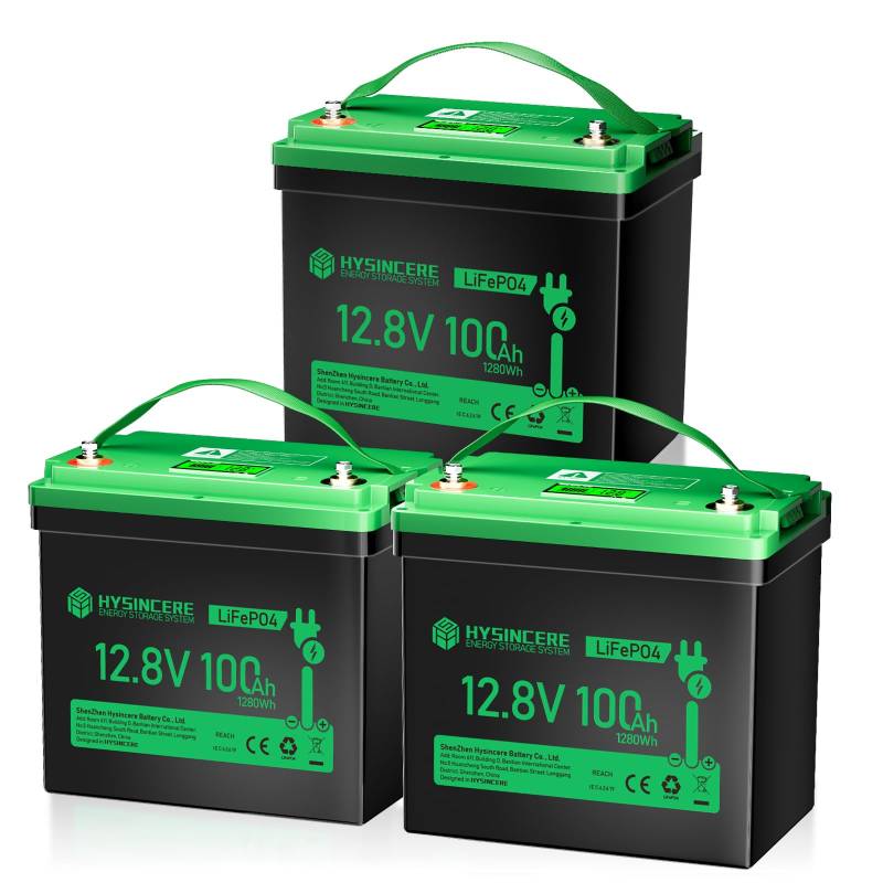 HYSINCERE 12V 100Ah LiFePO4 MINI Lithium Batterie mit LED 3 Pack, 100A Intelligente BMS & Max.15000 Zyklen, 12 Volt Deep Cycle Akku 1280Wh Wiederaufladbare für Wohnmobil, Camping, Solar Home Systeme von HYSINCERE