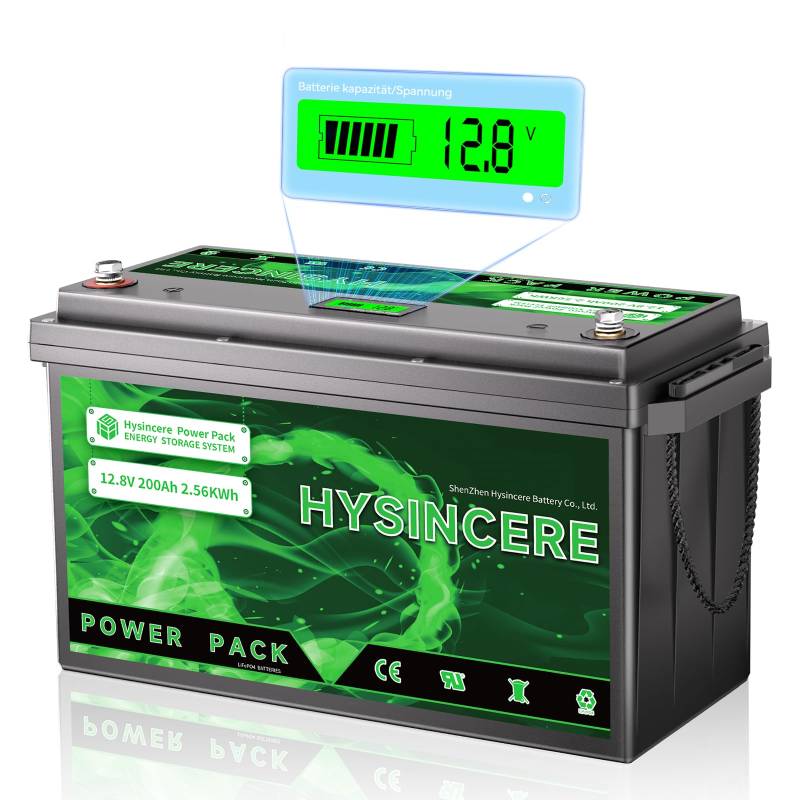 HYSINCERE LiFePO4 200Ah 12V Lithium Batterie mit LED Anzeige, 200A BMS Deep Cycle Wiederaufladbare Batterie, 15000 Zyklen & 10 Jahre Lebensdauer für Wohnmobil, Solar, Trolling Motor, Energiespeicher von HYSINCERE