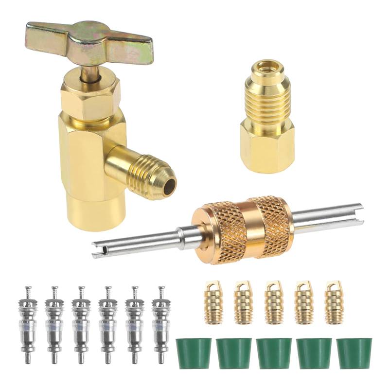 HZ-MONSTAR Selbstdichtender Dosenhahn-Adapter, Messing, 7/16 Zoll auf 1/4 Zoll, 1/4 Zoll SAE auf 1/2 Zoll ACME Kältemitteltankadapter-Set mit Ventilkernentferner für R290 R600a aufrechtes Laden von HZ-MONSTAR