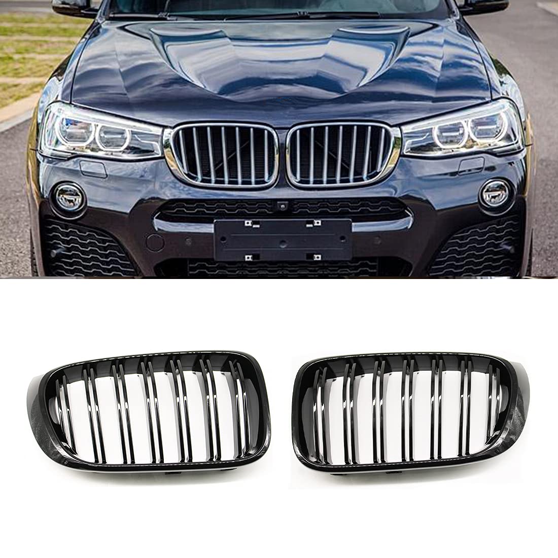 HZTWFC Doppellamelle Schwarz glänzend 1 Paar vordere Nierengitter für BMW X3 X4 F25 F26 2014-2017 Ersatz Racing Frontstoßstangengitter Auto-Styling von HZTWFC