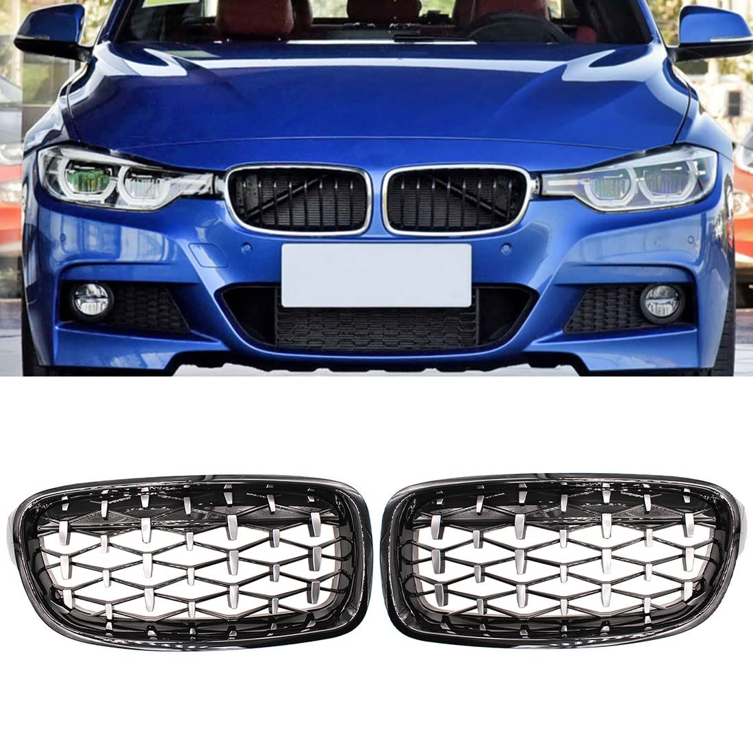 HZTWFC Schwarz Silber Auto Frontgrill Stoßstangengrill Diamant Nieren Racing Grills Für BMW 3er F30 F31 2012-2018 320i 325i 328i 330i 335i von HZTWFC