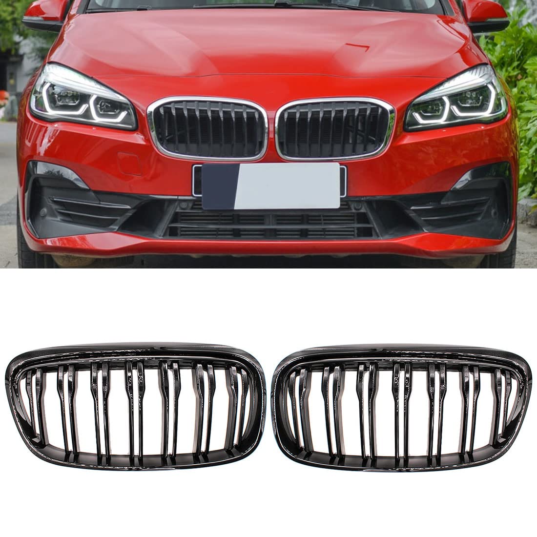 HZYCKJ 2-teiliger Frontgrill Mesh glänzend schwarz Doppellamellen Frontstoßstangengrill für BMW 2er F45 Active Tourer Vorfacelift 2er F46 Gran Tourer Vorfacelift 2014-2018 von HZYCKJ