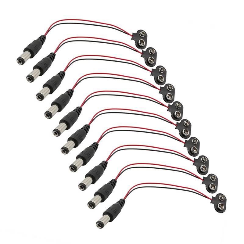 Hailege 10pcs 9V Batterieklemmen 9 Volt T-Typ Snap-on Leder Batterieschnalle Steckverbinder mit DC 5,5x2,1mm Stecker (T-Typ mit DC Stecker) von Hailege