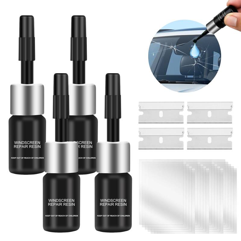 Hainue 4 Stück Glas Reparatur Set,Windshield Repair Kit,Auto Windshield Repair Kit,Windschutzscheiben Reparaturset Werkzeug Anwendbar Auf Reparatur Von Kratzern, öChern, Spinnennetzen, Rissen von Hainue