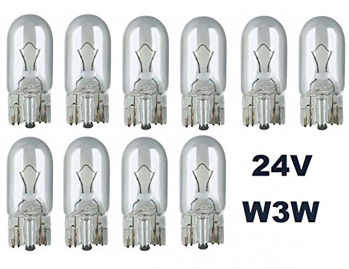 24 Volt - 10 Stück - W 3W - T10 - W2,1x9,5d - 3Watt - Nfz LKW Beleuchtung - Glühlampe, Glassockellampe, Glühbirne, Soffitte, Lampen. mit E-Prüfzeichen [STVZO zugelassen] - Hallenwerk von Hallenwerk