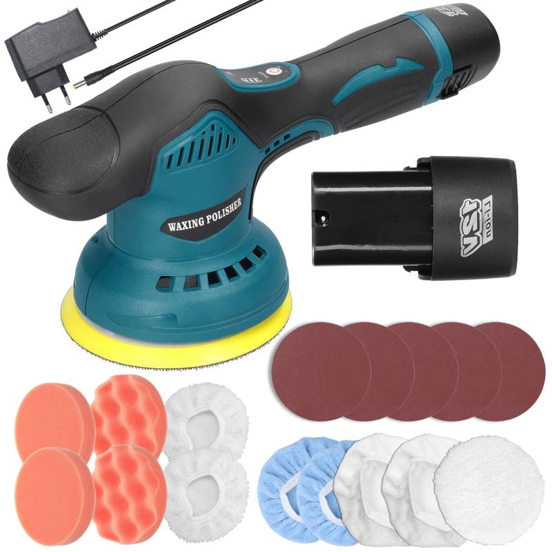 Akku Poliermaschine Hancaner Exzenter Poliermaschine 6-Zoll mit 2pcs 1500mAh Lithium-Akku und 18 PCS Aufsätze,für Autodetailing, Autoreinigung und Polieren von Auto von Hancaner