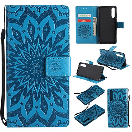 Hülle für Huawei P20, Leder Hülle Flip Case Schutzhülle Ledertasche mit Standfunktion Kredit Kartenfach Blumen Flower Cute Muster Handyhülle Cover Magnetisch Brieftasche für Huawei P20, Hancda Hüllen Leder Schale Silikon Case Dünn Geldbörse Tasche Bookstyle Stoßfest Etui Handytasche Lederhülle für Huawei P20 - Blumen Blau von Hancda