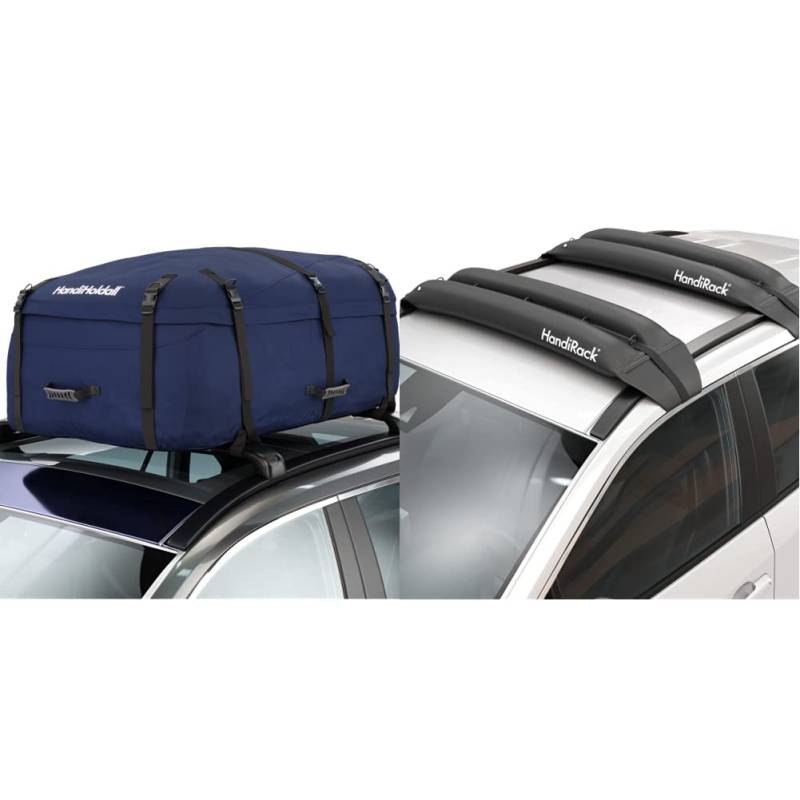 HandiWorld HandiHoldall Groß 330 Liter Weiche Dachbox - Marineblau & HandiRack Universal Dachgepäckträger für Autos; Schnellmontage Dachträger; Schwarz, H10, W33, D146cm von HandiWorld