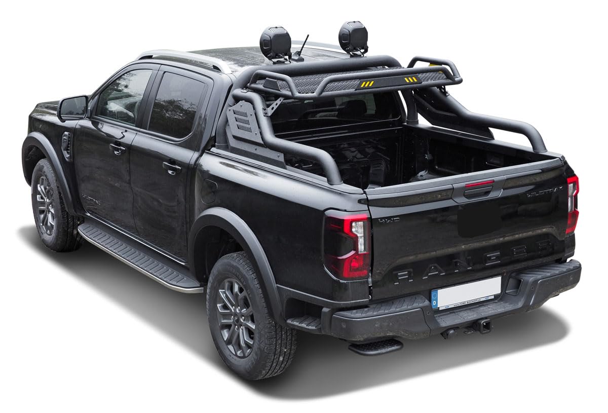 Black Stealth Überrollbügel + Gepäckkorb passend für Ford Ranger (2023-) / Ranger Raptor (2023-) von Hansen Styling Parts