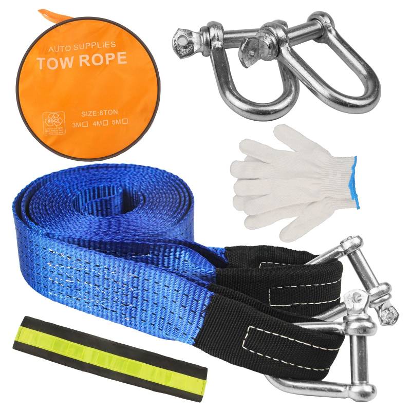 Haoledy Abschleppseil PKW 5m x 5cm, Abschleppstange Auto Bruchfestigkeit 8 Tonnen(17,636 LBS), Offroad Zubehör Set mit 2 Hochbelastbaren Stahlschäkeln, Einem Paar handschuhen und 1 Aufbewahrungstasche von Haoledy