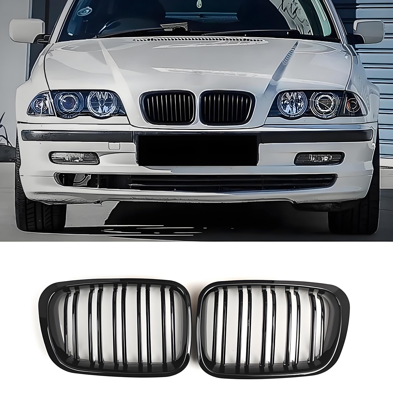 Haoyijiahui E46 Nieren Schwarz Kühlergrill Passend für BMW 3er E46 4 Door 1998-2001 PRE Facelift Grill Glanz Schwarz Doppelsteg Sport (Nicht für 2 Türen geeignet) (For 3er E46 4D 1998-2001 PRE) von Haoyijiahui