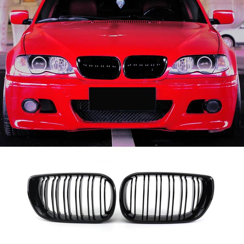 Haoyijiahui E46 Nieren Schwarz Kühlergrill Passend für BMW 3er E46 4 Door 2002-2005 LCI Facelift Grill Glanz Schwarz Doppelsteg Sport (Nicht für 2 Türen geeignet)(For 3er 4D E46 2002-2005 LCI) von Haoyijiahui