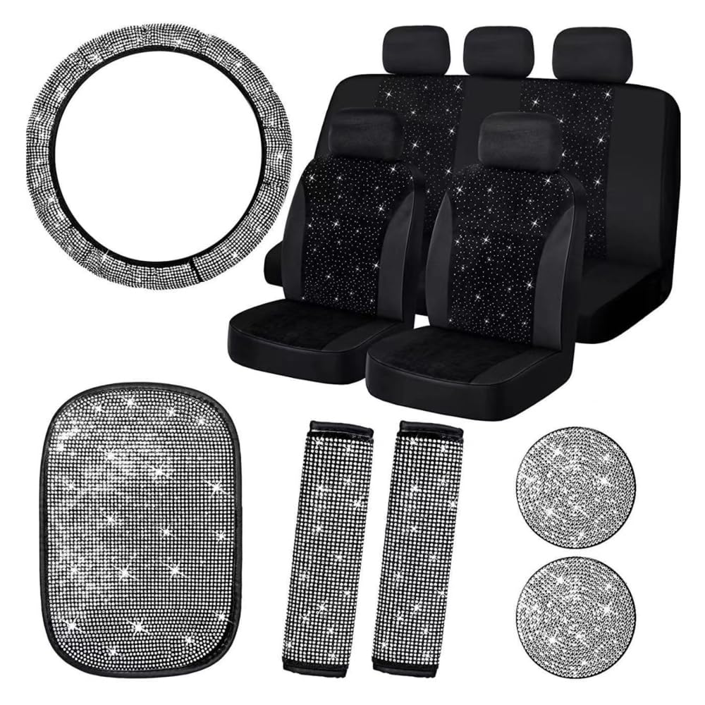 Hapihom 15-teiliges glitzerndes Autositzbezüge-Set für Damen, Kristall-Lenkradbezug, glitzernder Samt, atmungsaktives Sitzbezug-Set, glitzerndes Mittelkonsolen-Pad, universelle Auto-Innenausstattung von Hapihom