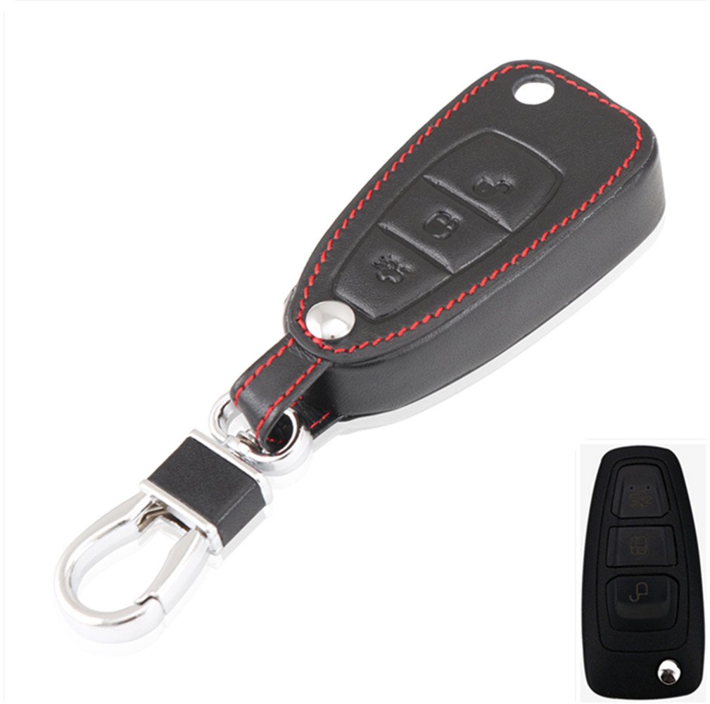 Happyit Echtes Leder-Auto Falten Schlüsselabdeckungs-Fall für Ford Focus 3 MK3 MK4 Kuga Rand Mondeo Titanium mit Schlüsselanhänger (Schwarz) von Happyit