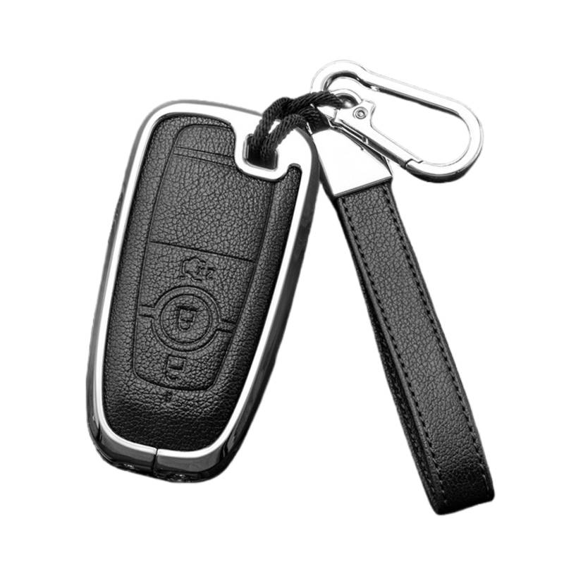 Happyit Zink-Legierung Leder Autoschlüssel-Hüllen für Ford Focus 4 Edge Explorer Trurus Mustang Ranger Fusion F150 F250 F350 Ecosport 3 Tasten (Schwarz+Silber) von Happyit