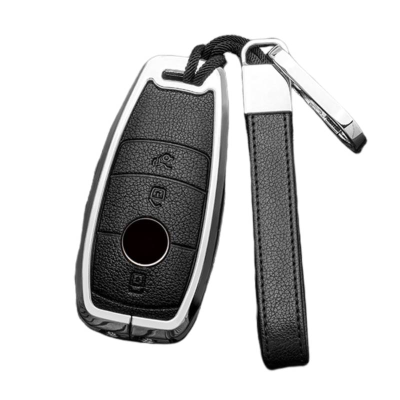Happyit Zink-Legierung Leder Autoschlüssel-Hüllen für Mercedes Benz A C E S GLC GLE GLS CLA Class W205 W213 W177 X167 W222 G63 3 Tasten (Schwarz+Silber) von Happyit