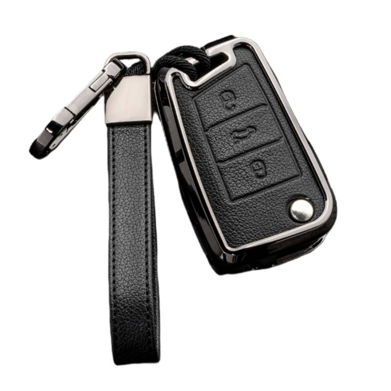 Happyit Zink-Legierung Leder Autoschlüssel-Hüllen für VW Golf 5 7 Sportsvan GTI MK7 For Skoda Octavia A7 3 Tasten (Schwarz+Grau) von Happyit