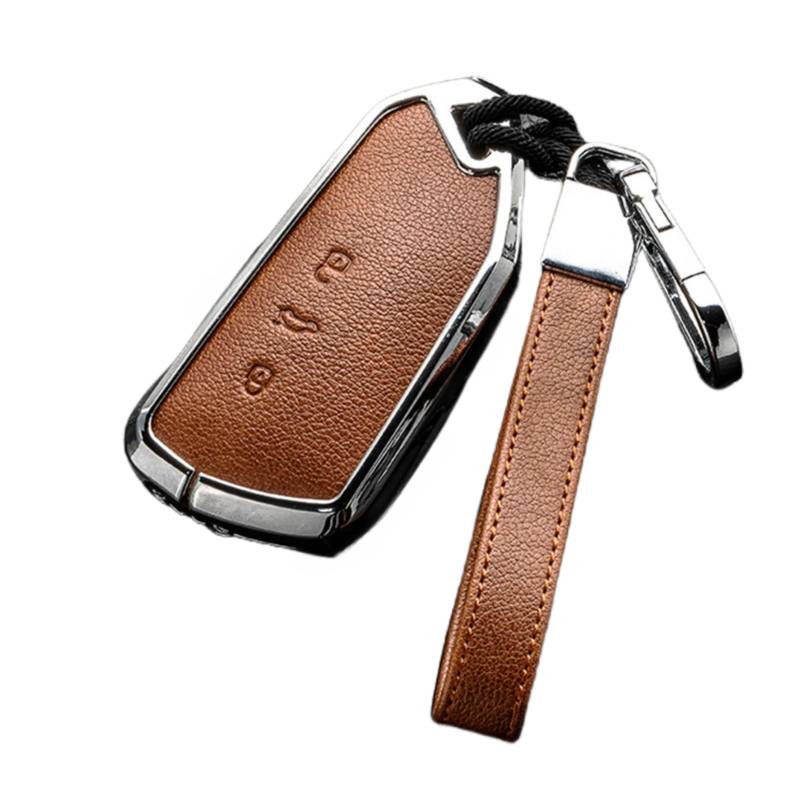 Happyit Zink-Legierung Leder Autoschlüssel-Hüllen für VW Volkswagen Golf 8 2020 Skoda Octavia A8 2021 SEAT Leon MK4 3 Tasten (Braun+Silber) von Happyit