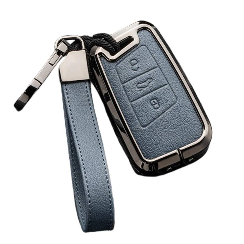 Happyit Zink-Legierung Leder Autoschlüssel-Hüllen für Volkswagen VW Passat B8 Arteon CC Magotan B5 Jetta Skoda A7 Variant 3 Tasten (Blau+Grau) von Happyit