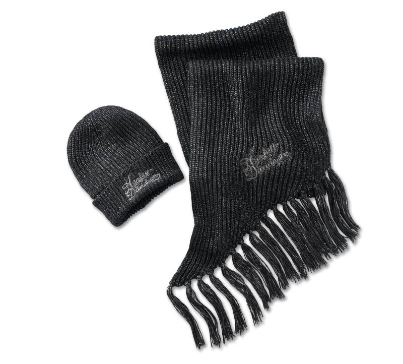 HARLEY-DAVIDSON Damen Geschenkset Mütze und Schal für den Winter Biker Wintermütze mit Logo Merchandise Kopfbedeckung von Harley-Davidson