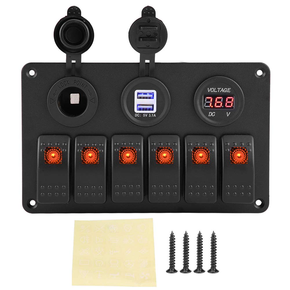 Schalttafel, 12V 24V 6 Gang Auto Boot Marine LED Wippschalter Panel Dual USB Voltmeter Zigarettenanzünder(Orange) von Headerbs