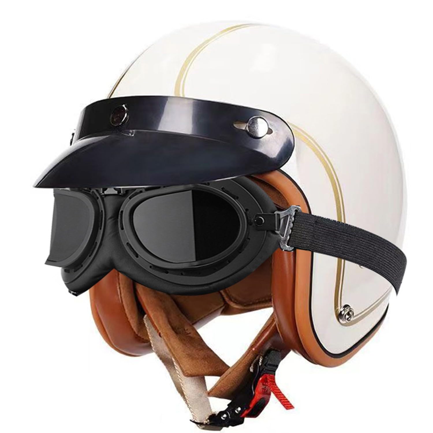Deutsch Jethelm Halbschalenhelm Vintage Öffnen Motorradhelm Roller-Helmet DOTECE Zertifizierung Helm mit Sonnenbrille für Mopeds Cruiser Vintage Brain-Cap Helm 9,S:55-56CM von Hejunlian