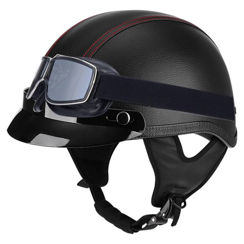 Halbschalenhelm Jethelm Retro Motorrad Chopper Halbhelm Brain Cap Roller-Helmet Scooter-Helm Fahrradhelm mit Schutzbrille für Damen Herren Erwachsene mit ECEDOT 3,L:59-60CM von Hejunlian