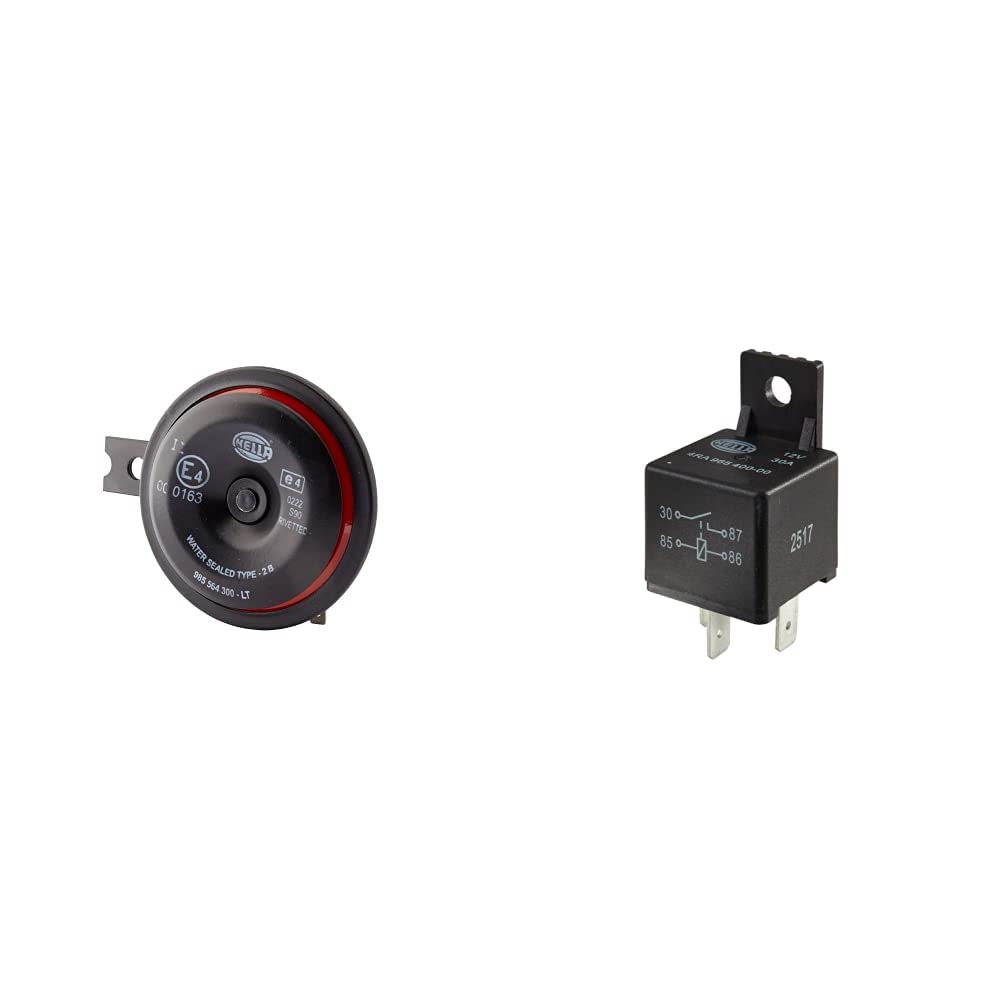 HELLA 3AL 922 000-951 Horn - S90-12V - 113dB(A) - 350Hz - rot/schwarz - Flachsteckanschluss & 4RA 965 400-001 Minirelais, Arbeitsstromrelais, 12 V, 4-polig, Spulenwiderstand: 90 Ohm, Halter: ja von Hella