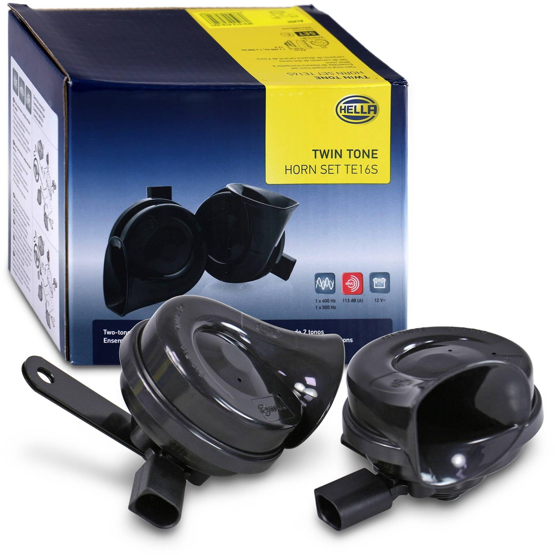 HELLA Fanfare - HELLA OE-CONNECT HORN TE26 SET - 12V - 110dB(A) - 400Hz-500Hz - Hochton/Tiefton - elektrisch - ECE - Gehäusefarbe: schwarz - Menge: 2 - 3FH 012 010-021 von Hella