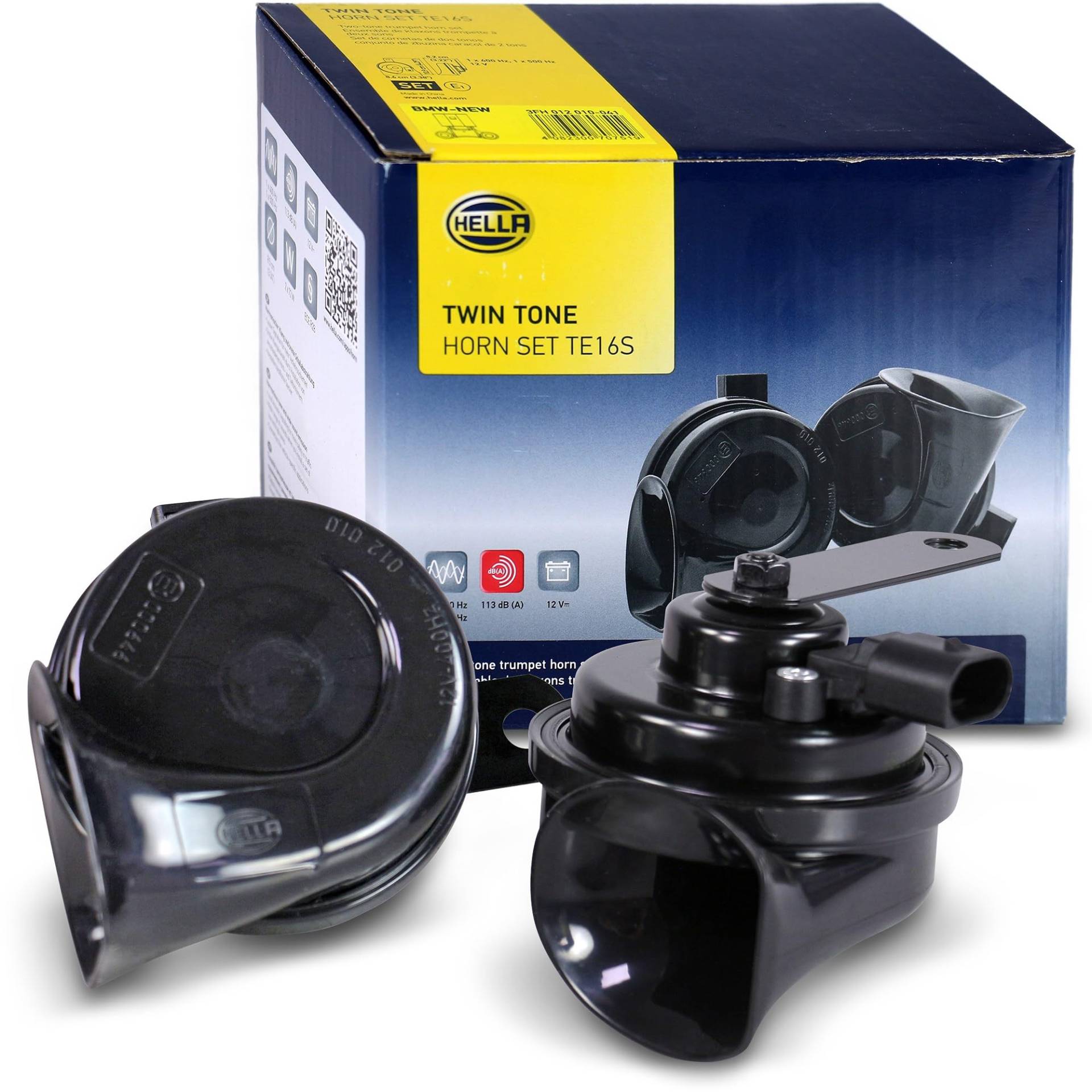 HELLA Fanfare - HELLA OE-CONNECT HORN TE26 SET - 12V - 110dB(A) - 400Hz-500Hz - Tiefton/Hochton - elektrisch - ECE - Gehäusefarbe: schwarz - Stecker: BMW - Menge: 2 - 3FH 012 010-041 von Hella