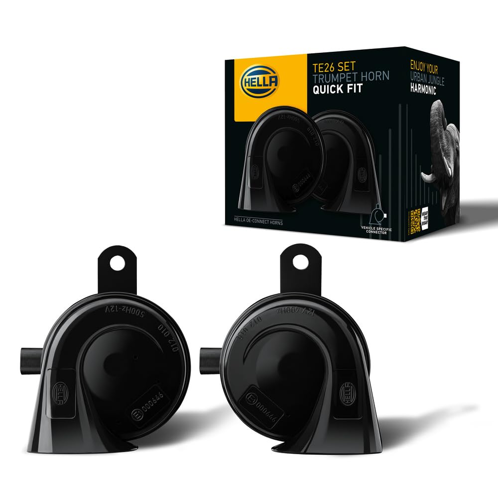 HELLA Fanfare - HELLA OE-CONNECT HORN TE26 SET - 12V - 110dB(A) - 400Hz-500Hz - Hochton/Tiefton - elektrisch - ECE - Gehäusefarbe: schwarz - Menge: 2 - 3FH 012 010-051 von Hella