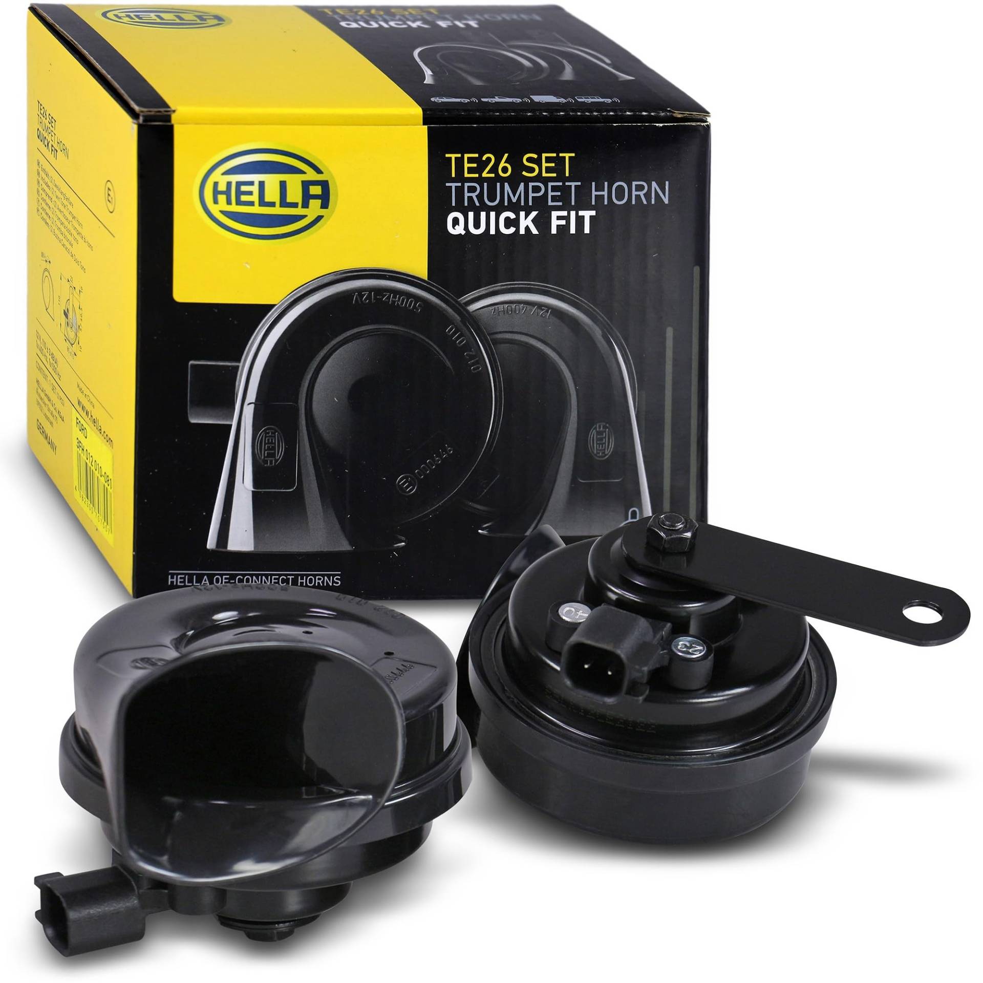 HELLA Fanfare - HELLA OE-CONNECT HORN TE26 SET - 12V - 110dB(A) - 400Hz-500Hz - Tiefton/Hochton - elektrisch - ECE - Gehäusefarbe: schwarz - Stecker: Ford - Menge: 2 - 3FH 012 010-081 von Hella