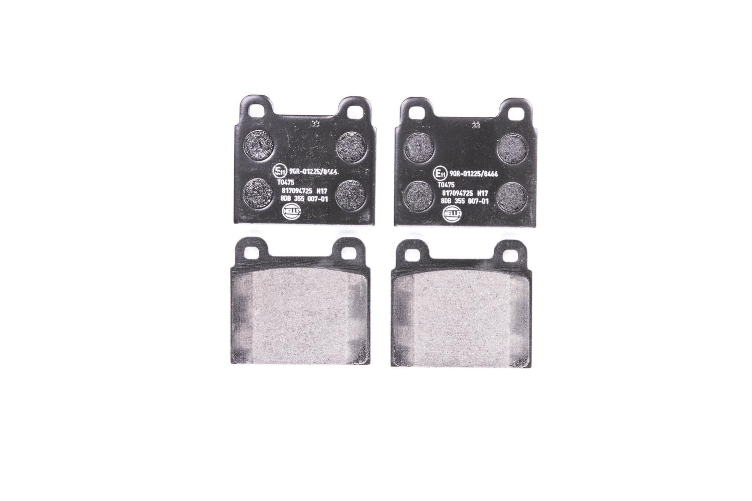 HELLA Bremsbeläge vorne; hinten - nicht für Verschleißwarnanzeiger vorbereitet - vier Bremsbeläge pro Set - T0475 - für u.a. ALFA ROMEO / BMW / FERRARI / MERCEDES - 8DB 355 007-011 HELLA Bremsbeläge vorne; hinten - nicht für Verschleißwarnanzeiger vorbereitet - vier Bremsbeläge pro Set - T0475 - für u.a. ALFA ROMEO / BMW / FERRARI / MERCEDES - 8DB 355 007-011 von Hella