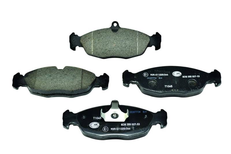 HELLA Bremsbeläge vorne; hinten - für Verschleißwarnanzeiger vorbereitet - vier Bremsbeläge pro Set - T1045 - für u.a. CHEVROLET / DAEWOO / FSO / HOLDEN - 8DB 355 007-531 von Hella